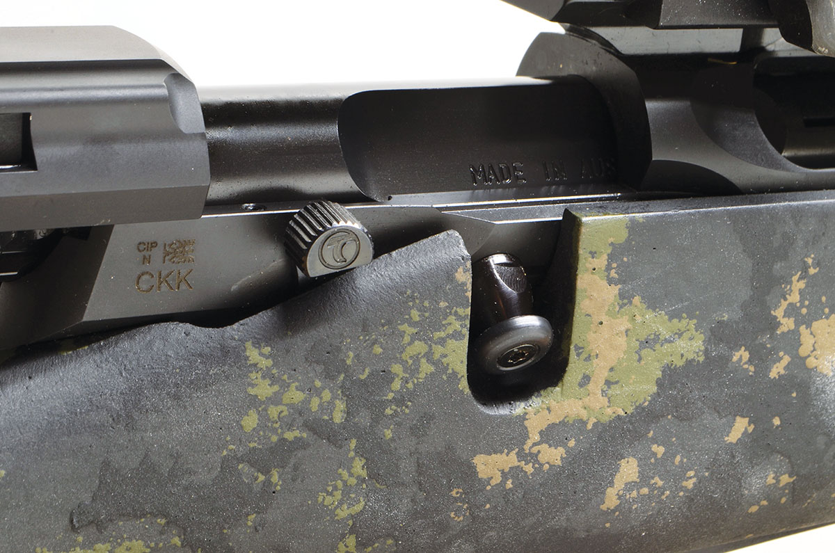 The bolt stop nestles neatly in the slot intended for the Remington 700 bolt handle. For left-handed operation, it can simply be moved to the other side.